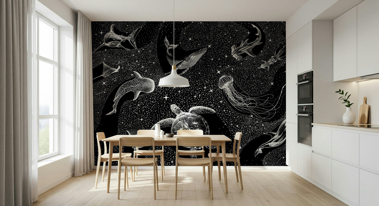 An artistic fluid pattern mural on minimalist wallpaper.