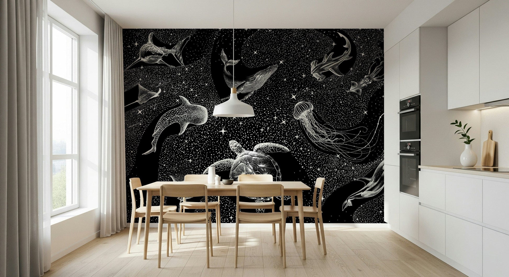 An artistic fluid pattern mural on minimalist wallpaper.