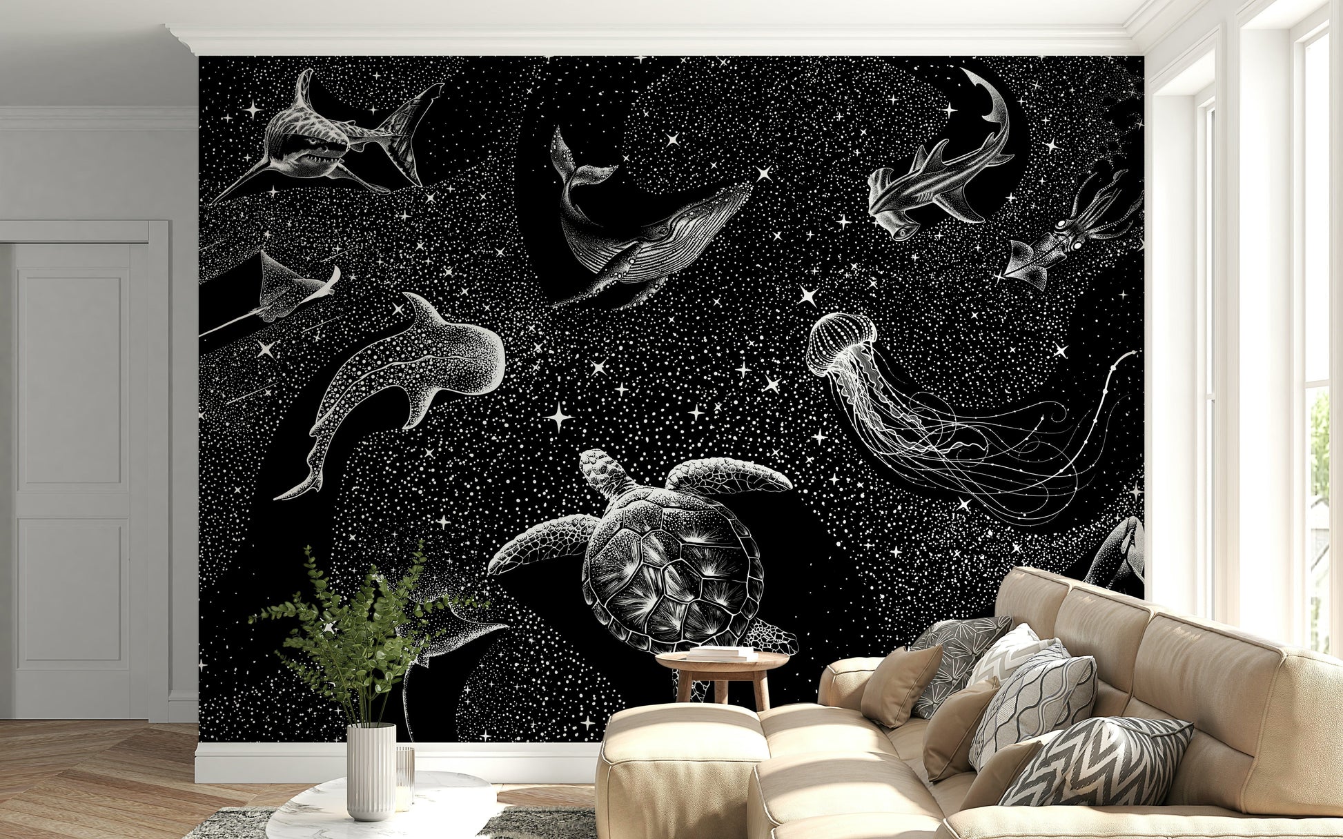 A beautiful abstract deep sea wallpaper mural with star-like patterns.