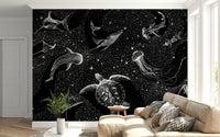 A beautiful abstract deep sea wallpaper mural with star-like patterns.