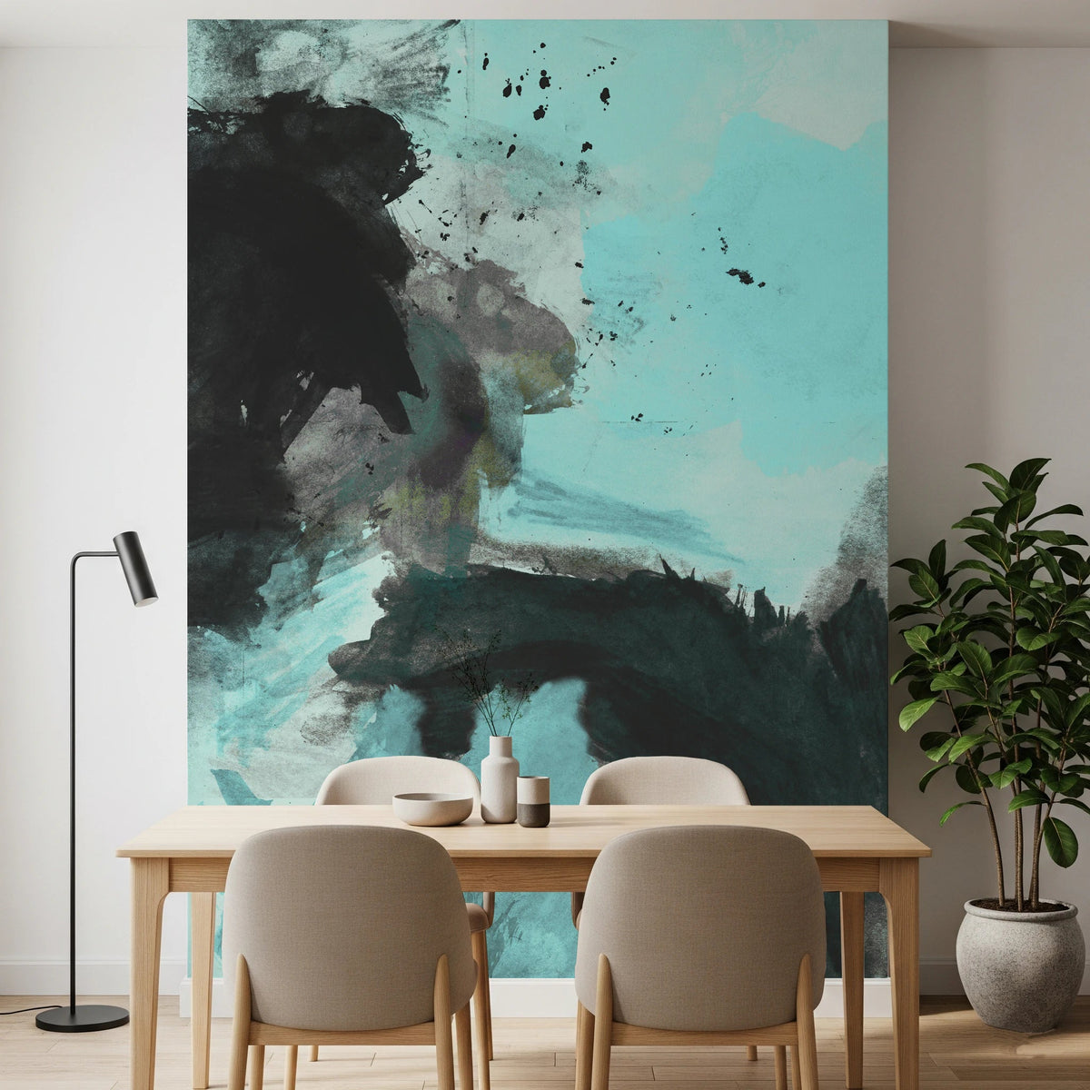 Abstract Deep Water dining room Wall Mural with charcoal ink streaks