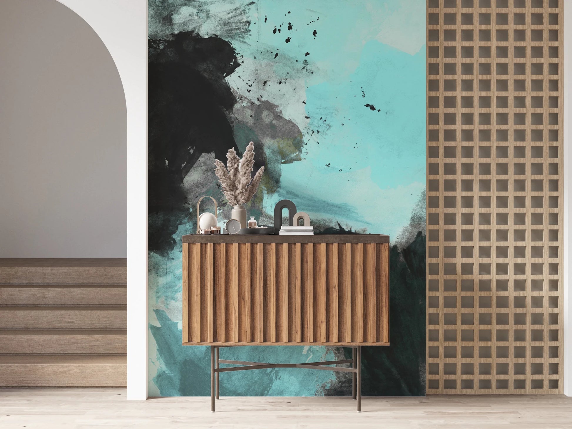 Expressive Deep Water Wall Mural featuring cyan paint splashes