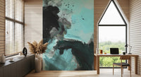 Artistic Deep Water Wall Mural with fluid black brushstrokes for office area