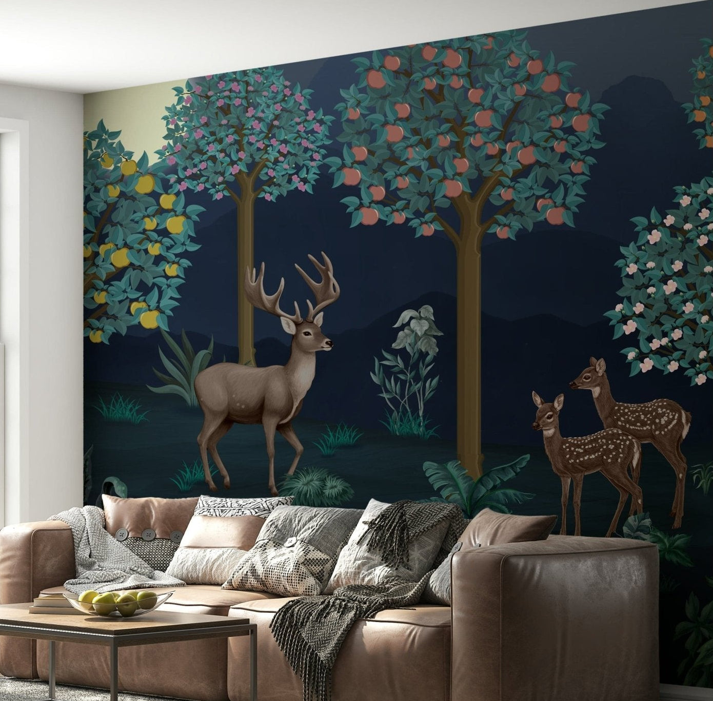 Deer in Bloom Wall Mural in a stylish London flat living room.
