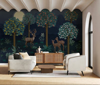 Elegant deer and flower mural on a textured wall in a lounge.