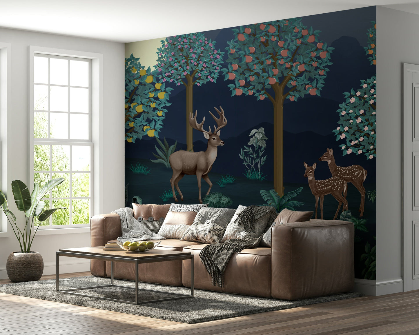 Deer in Bloom Wall Mural in a stylish London flat living room.