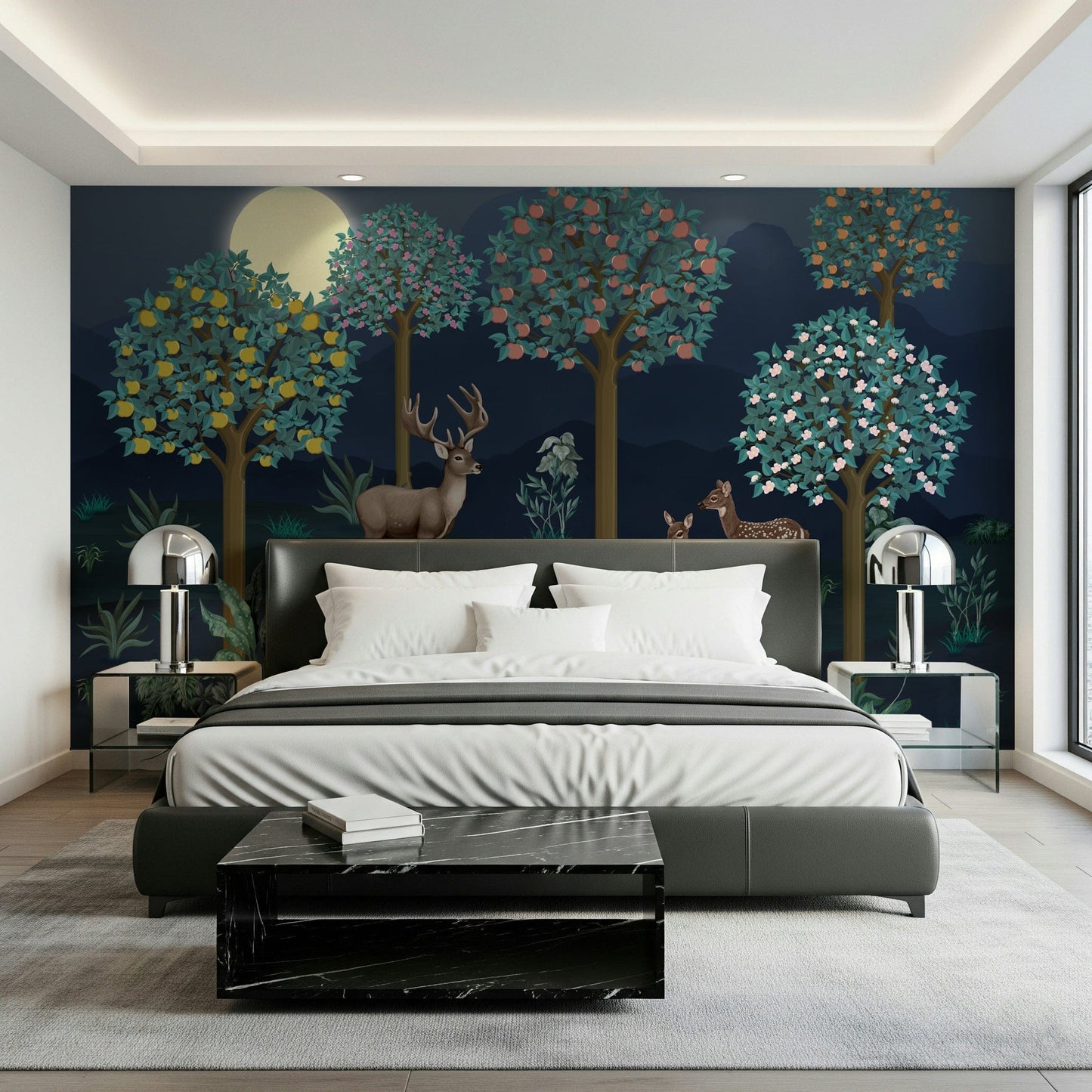Woodland wall mural in a child’s bedroom with light oak furniture.