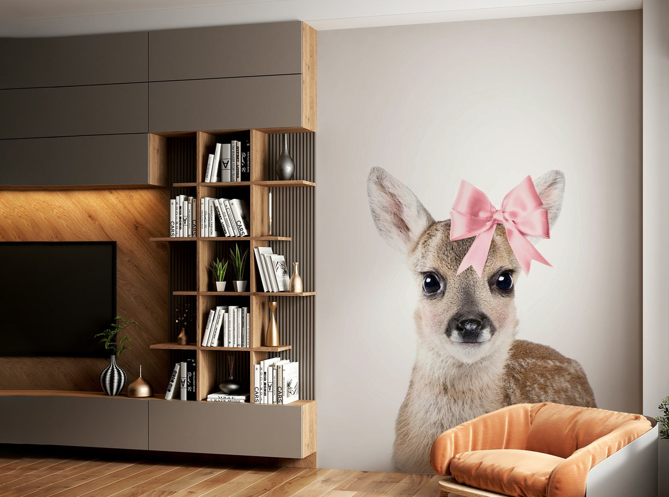 Deer with a bow wall mural for a nature-inspired look.

