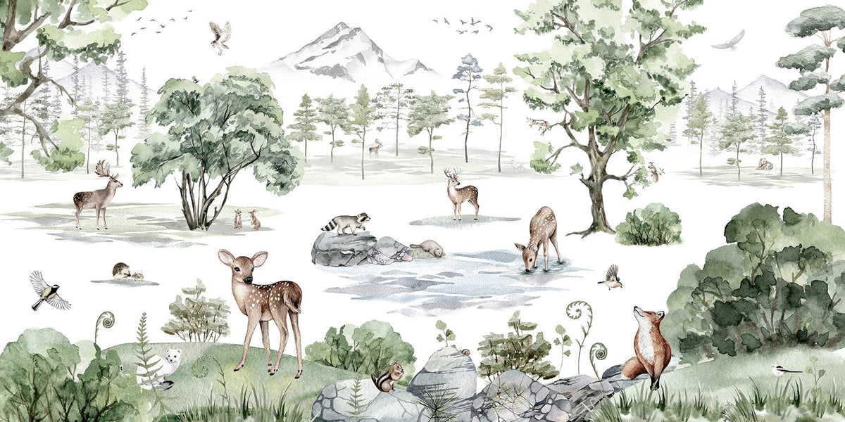 Watercolor Deer winter Forest Animals Wallpaper
