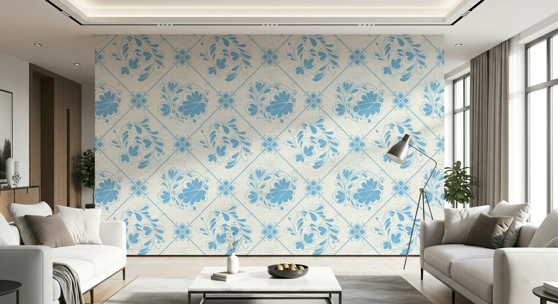 Blue-and-white Delft floral wallpaper behind sofa in apartment, classic botanical wall decor