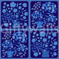 Hallway wall decor using blue and white floral tile wallpaper, bouquet repeats, clean structured design