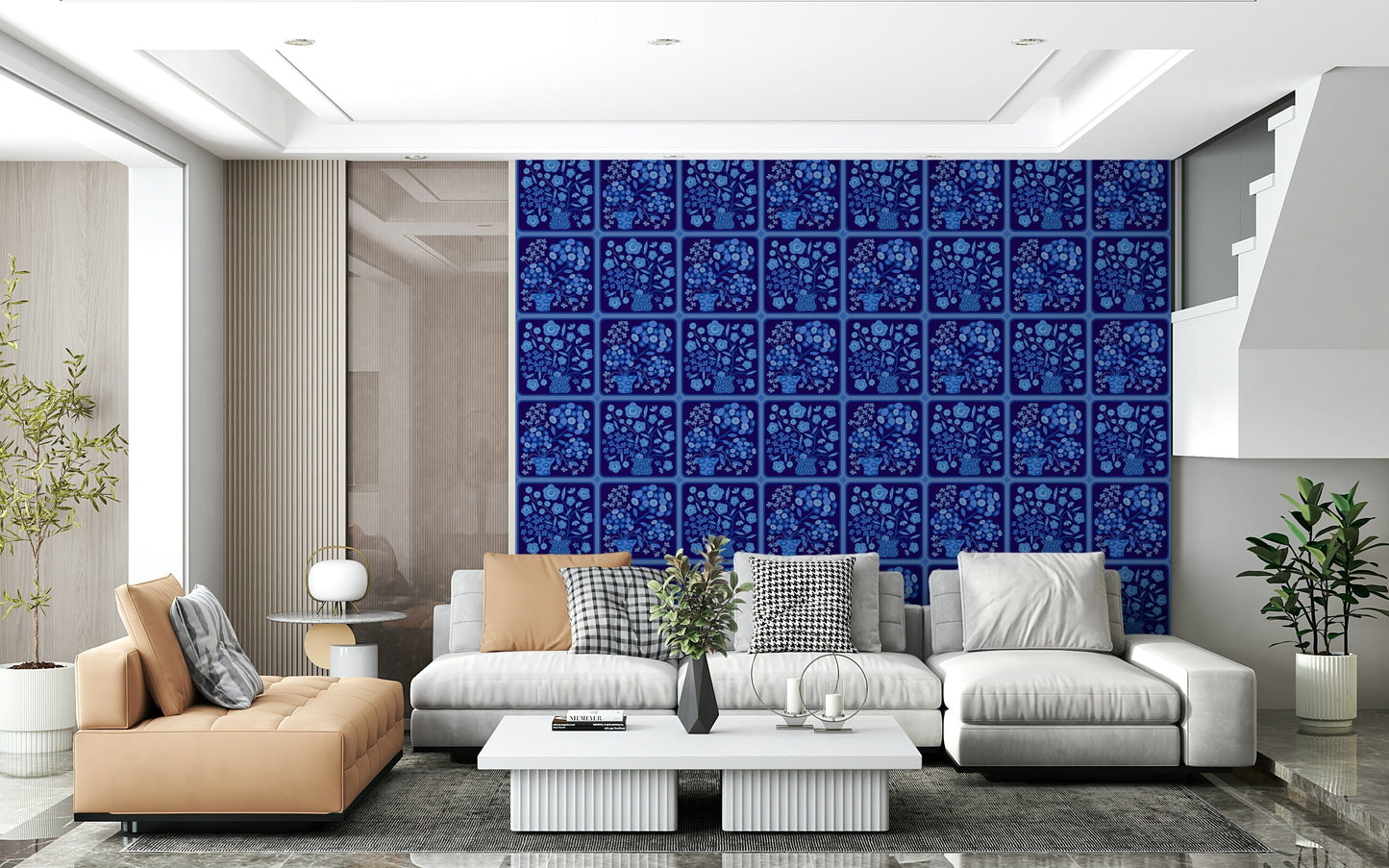 Reading corner feature wall with delft-style bouquet tiles wallpaper, deep blue colour, classic pattern