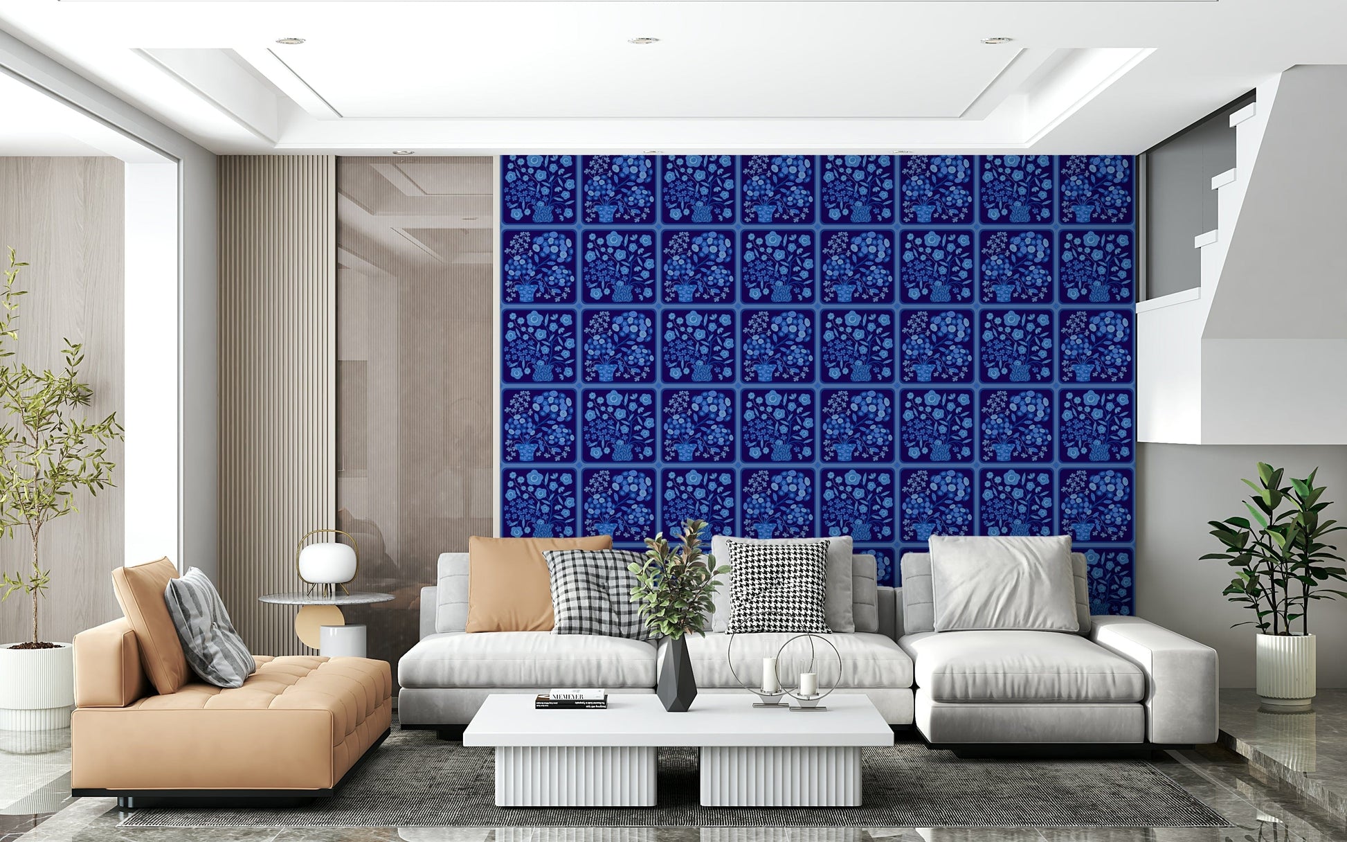 Reading corner feature wall with delft-style bouquet tiles wallpaper, deep blue colour, classic pattern