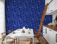 Dark delft blue floral tile wallpaper on living room feature wall, bouquet pattern, classic home décor