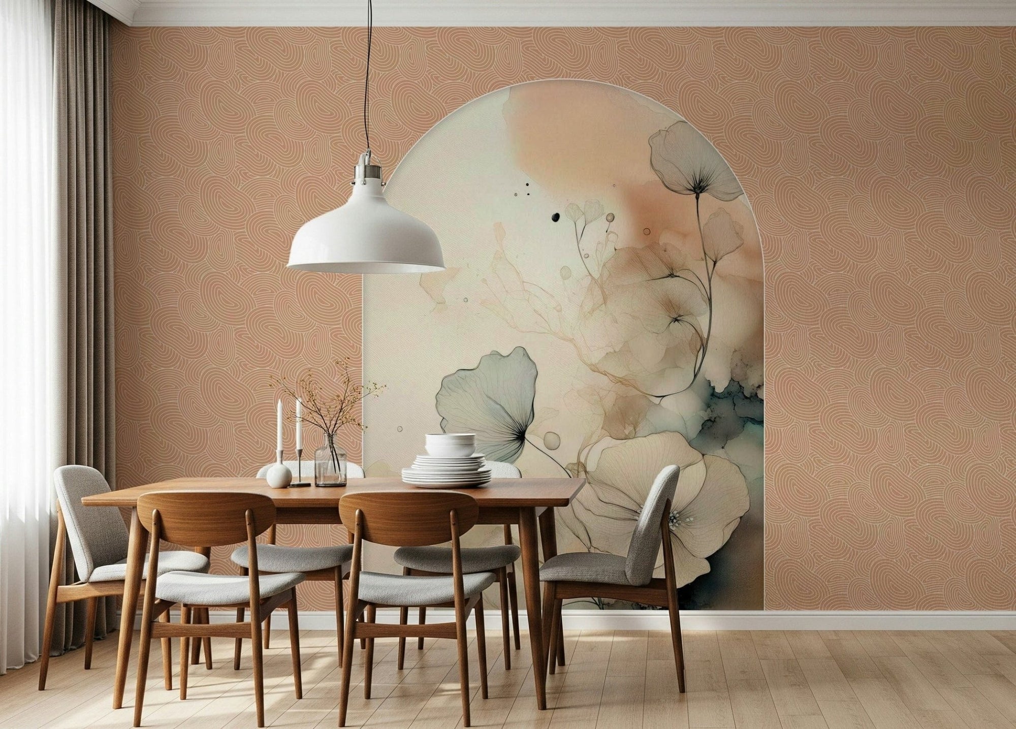 Delicate Bloom Frame wallpaper mural with peach and teal ink blooms in an arch behind a wood dining table and grey chairs