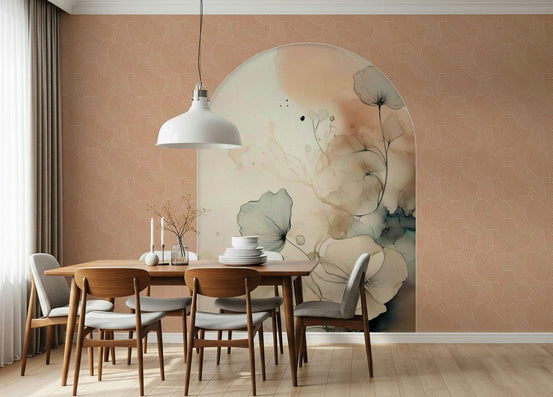 Delicate Bloom Frame wallpaper mural with peach and teal ink blooms in an arch behind a wood dining table and grey chairs