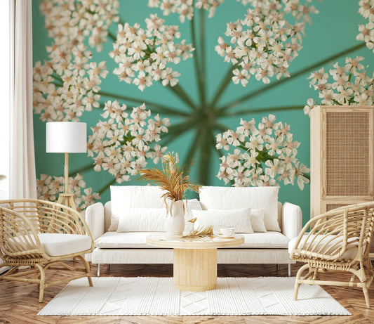 White wildflower wall mural on soft teal