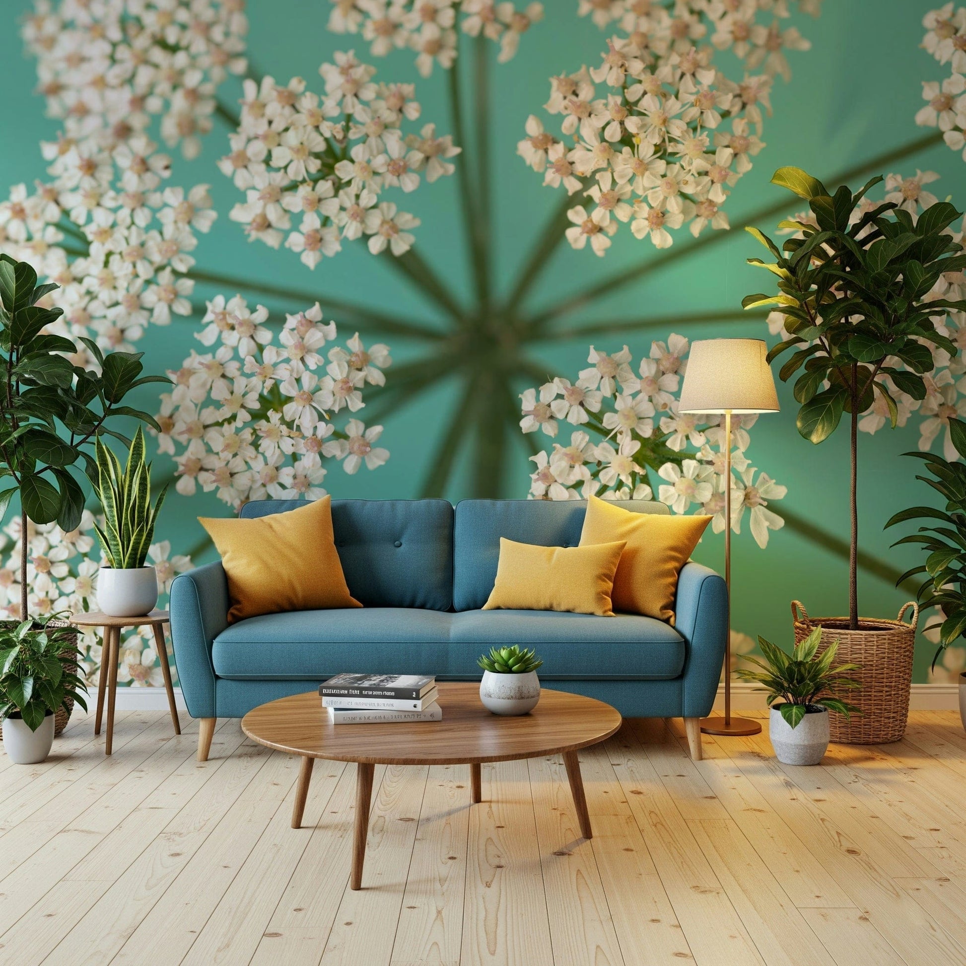 Botanical white blooms wall mural in detail