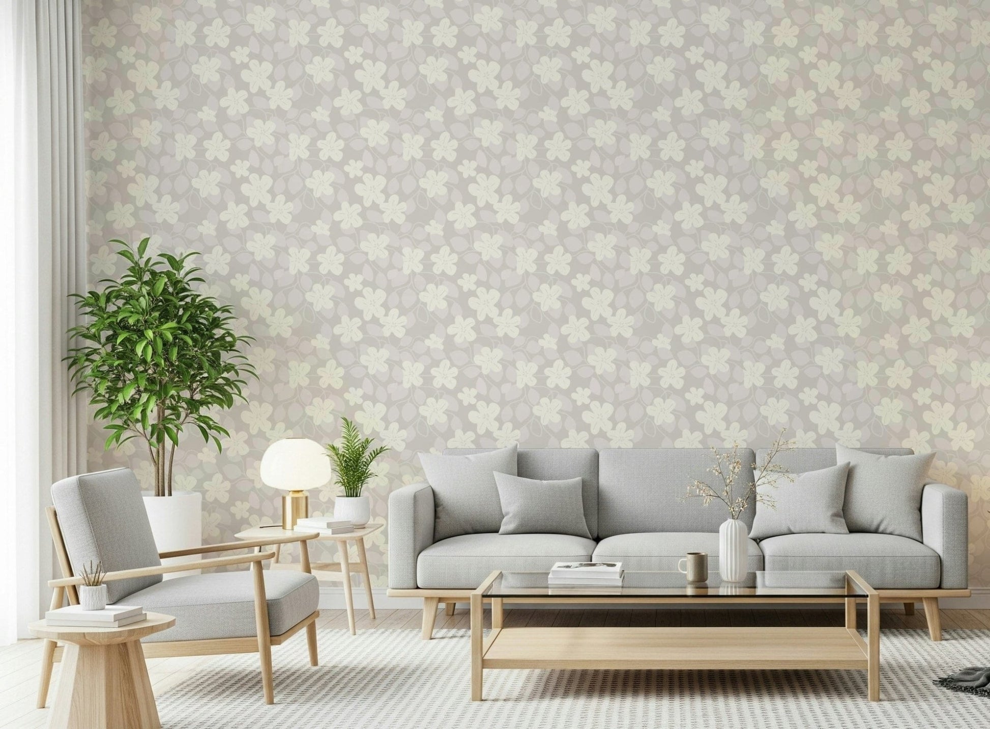 Minimalist ivory floral mural wallpaper enhances living rooms.