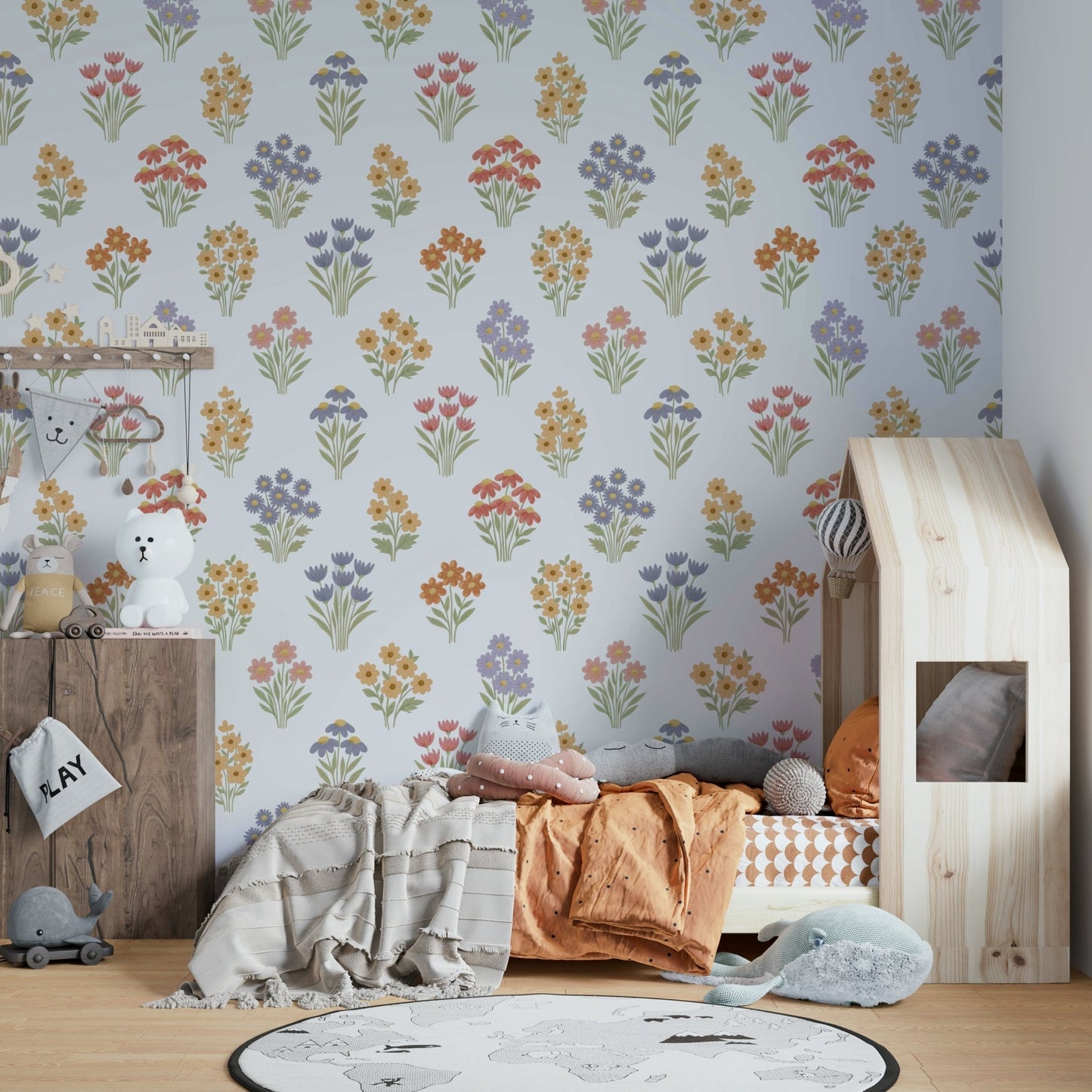 Soft pastel colors in a floral wallpaper design.

