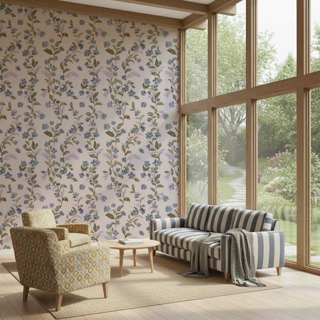 Scattered lavender blossoms in Denim Dreams Floral soft design.