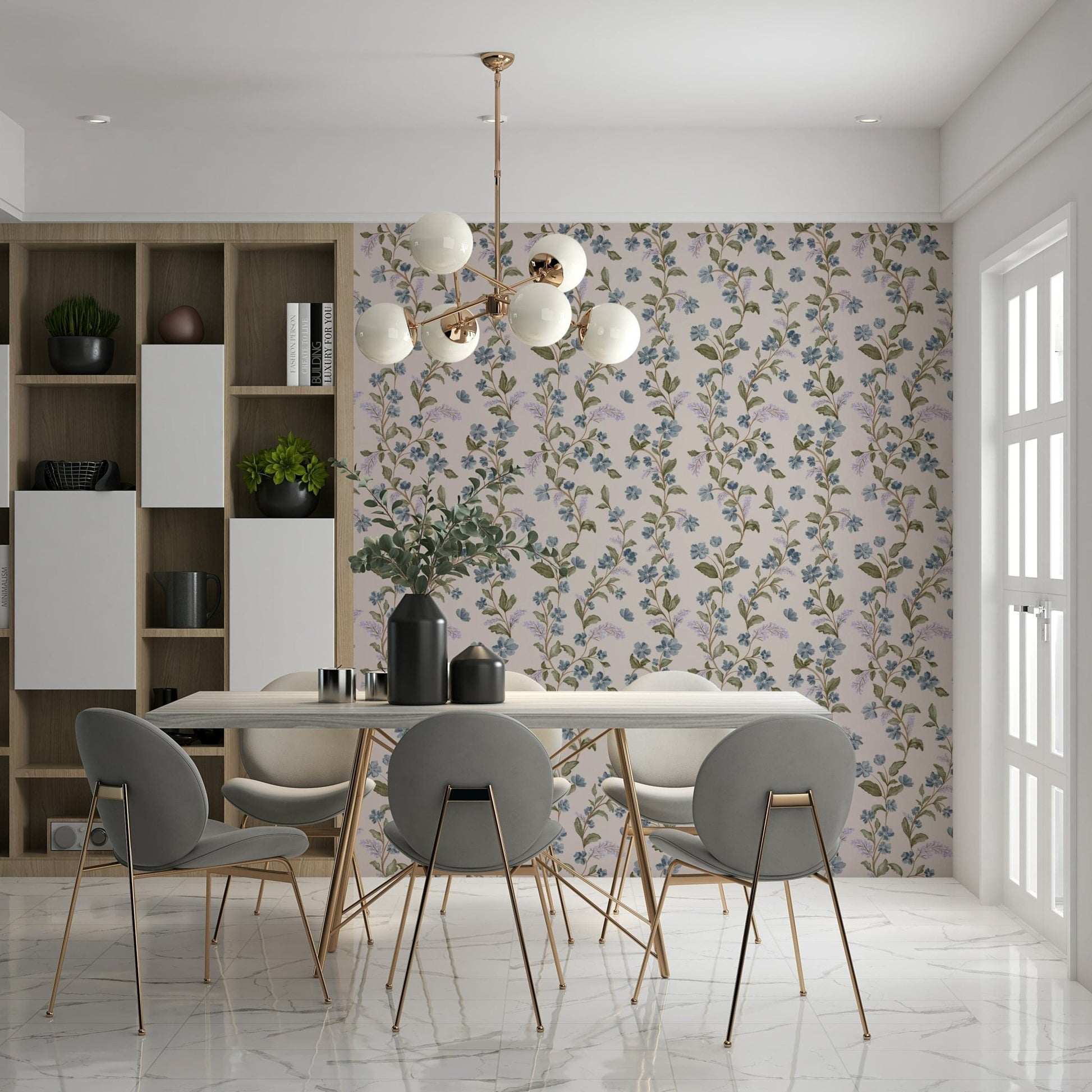 Moody olive leaves contrast Denim Dreams Floral pink background.