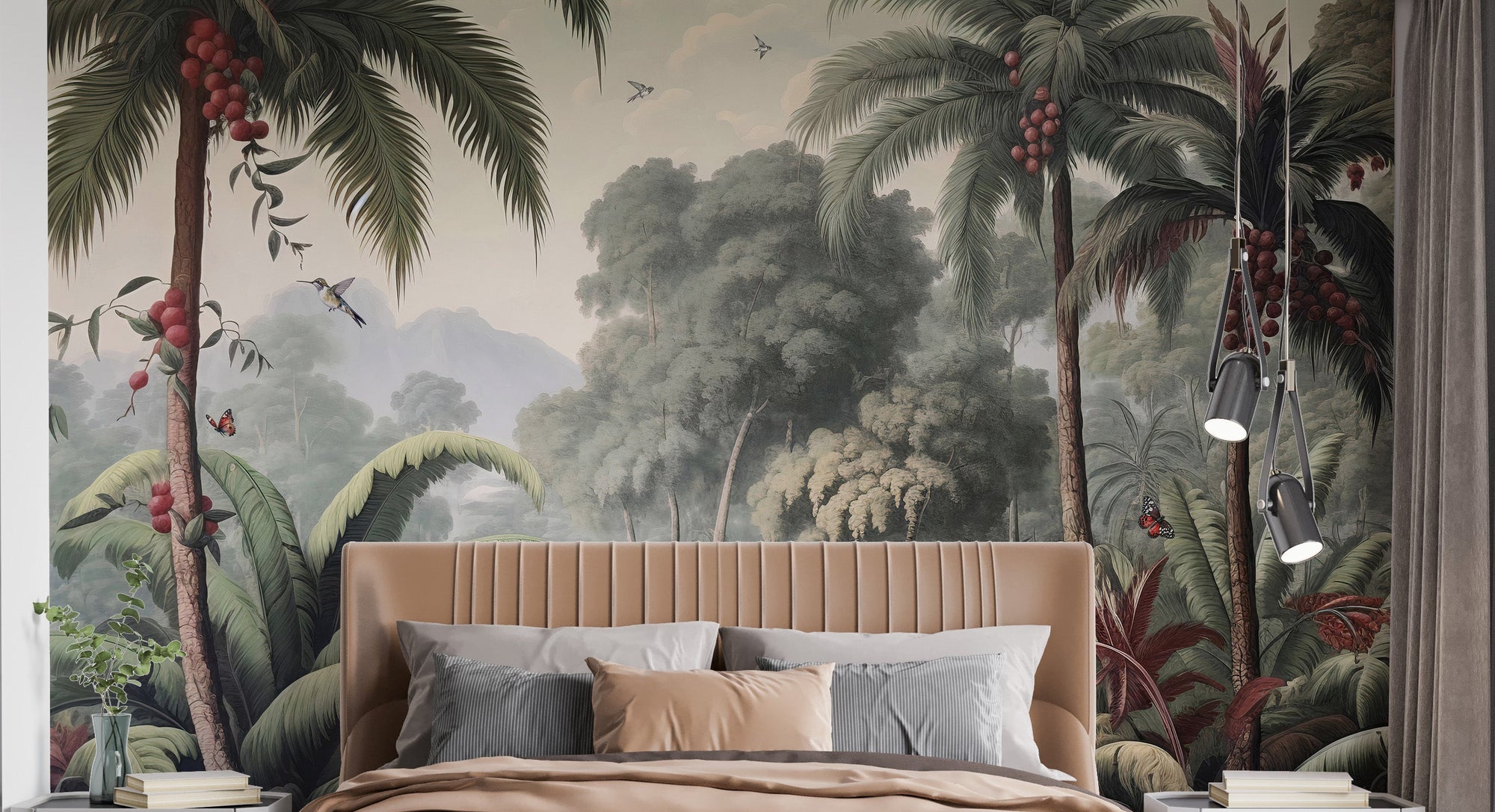 Dense Rain Forest Trees wallpaper mural shown as a full feature wall that highlights the design