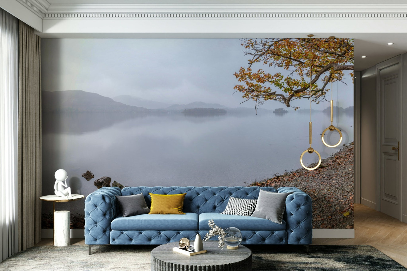 Serene water scene with lake and distant hills

