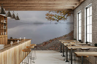 Autumn landscape mural with lake and mountains

