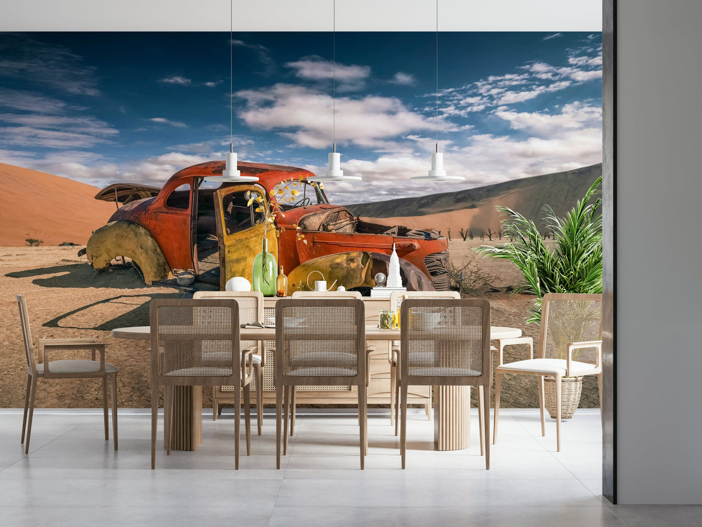 Vintage Desert Scene Wall Mural – Rustic mural with antique wheels and natural desert textures for a nostalgic vibe.