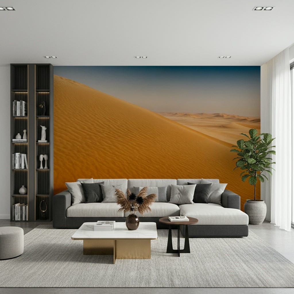 Desert Dune Dreams wallpaper mural of a golden sand dune and blue sky above a gray sectional in a living room