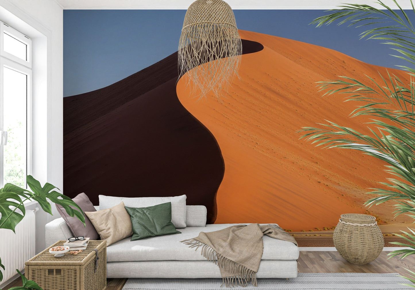Desert Serenity Wall Mural behind bed in relaxed bedroom, beige dunes and pale sky tones