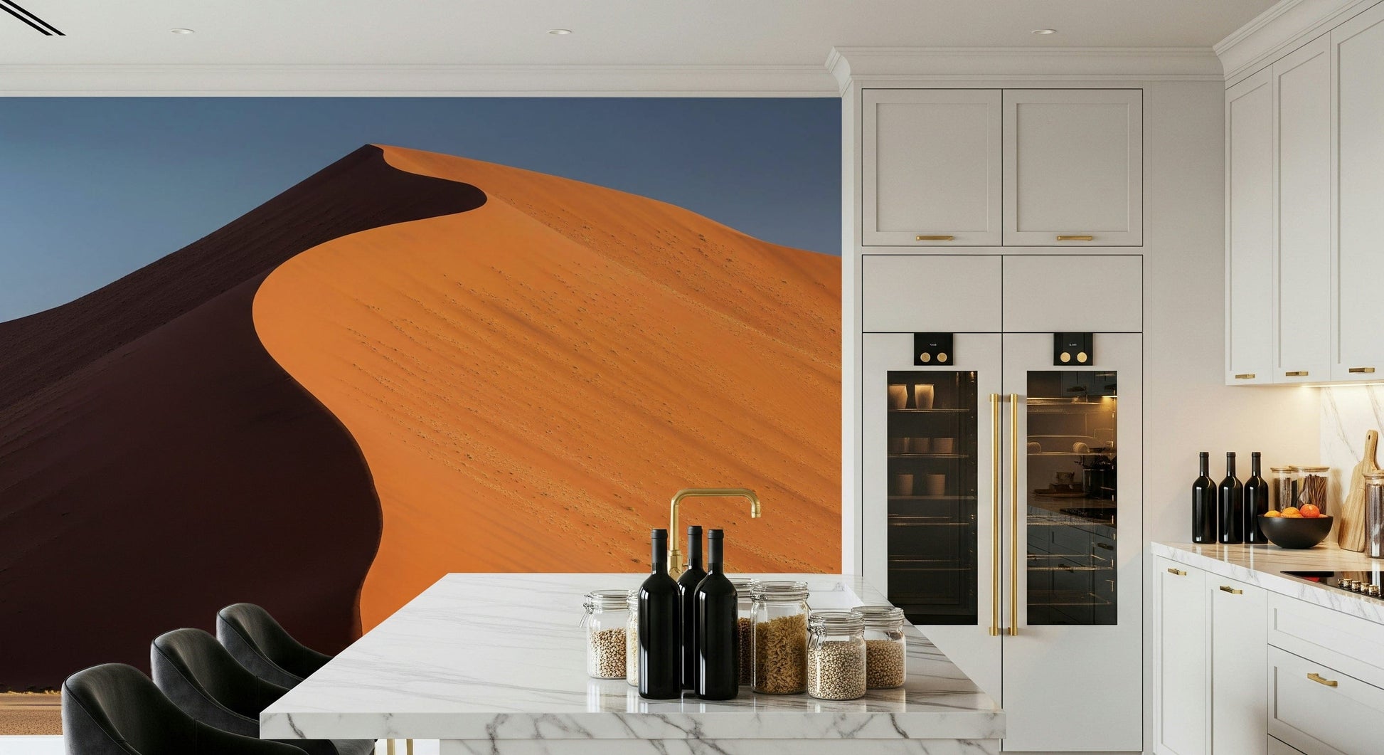 Entryway wall mural with calm desert landscape, sandy tones, simple modern home styling