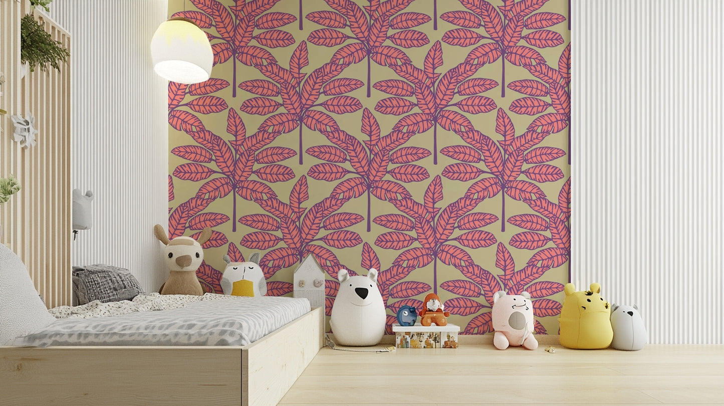 Mid-century retro wallpaper featuring palm fronds in pastel tones on cream.

