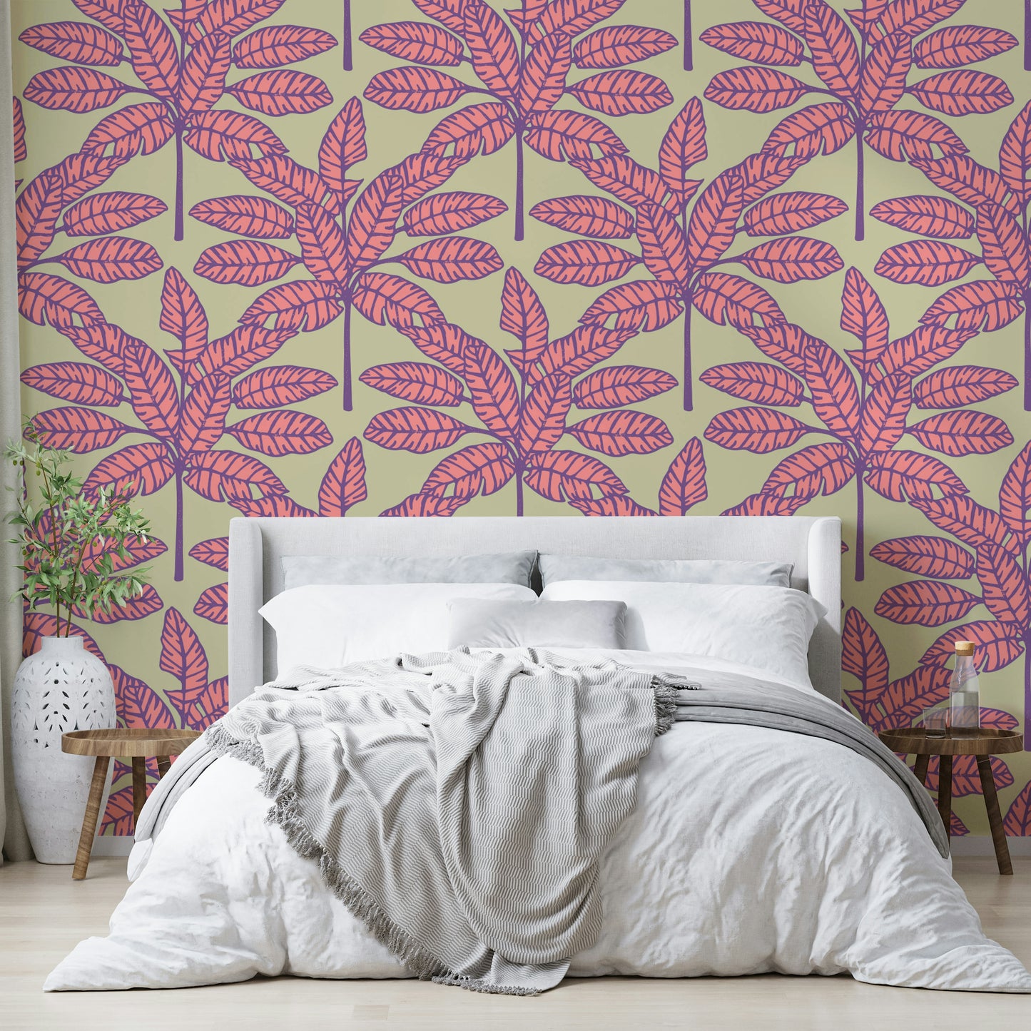 Mid-century modern wallpaper with tropical palm fronds in pink and purple tones.

