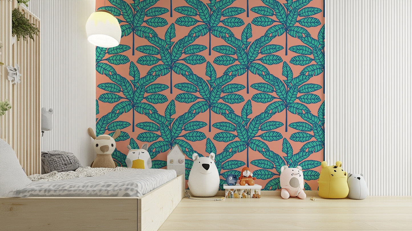 Tropical wallpaper featuring desert leaves in aqua blue and clay pink.

