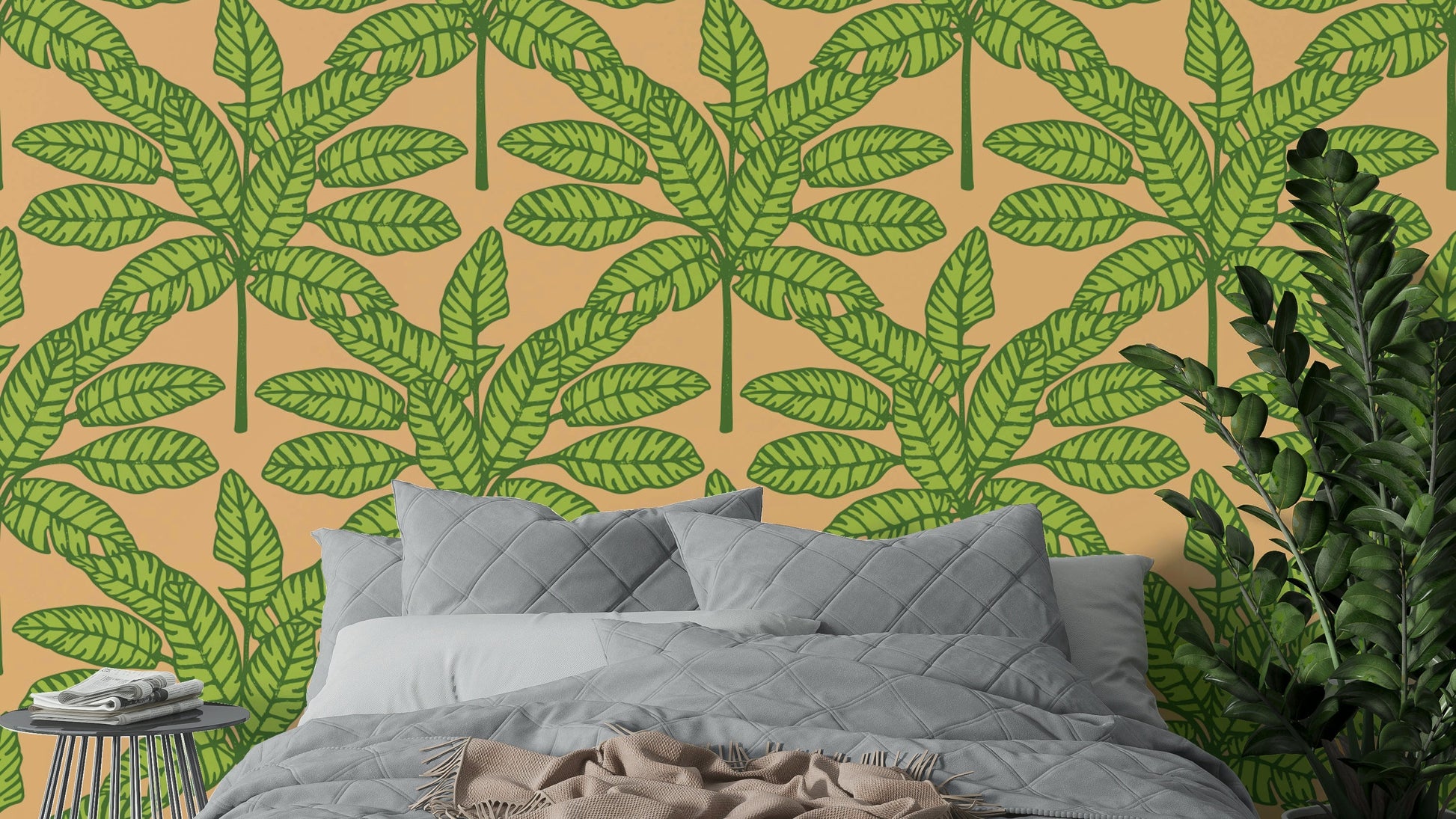 Desert Leaves Oasis Retro Mid Century Tropical Green Orange Wallpaper with vibrant leaves.

