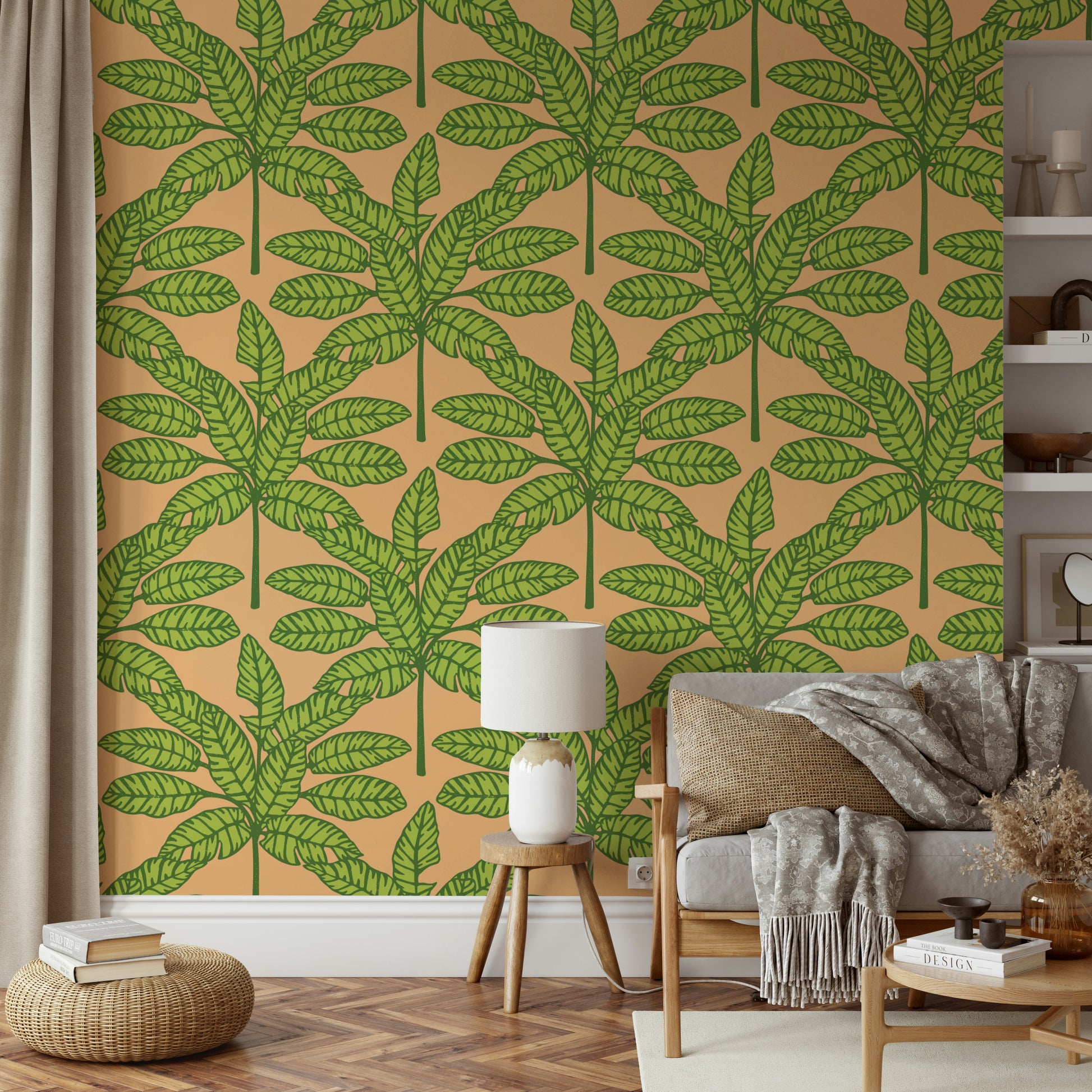 Retro tropical design with bold green foliage and orange highlights.

