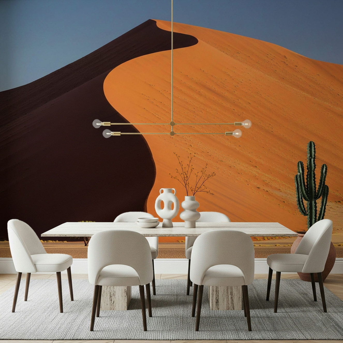 Desert wall mural in modern living space, warm sand colours, minimal home styling, neutral palette
