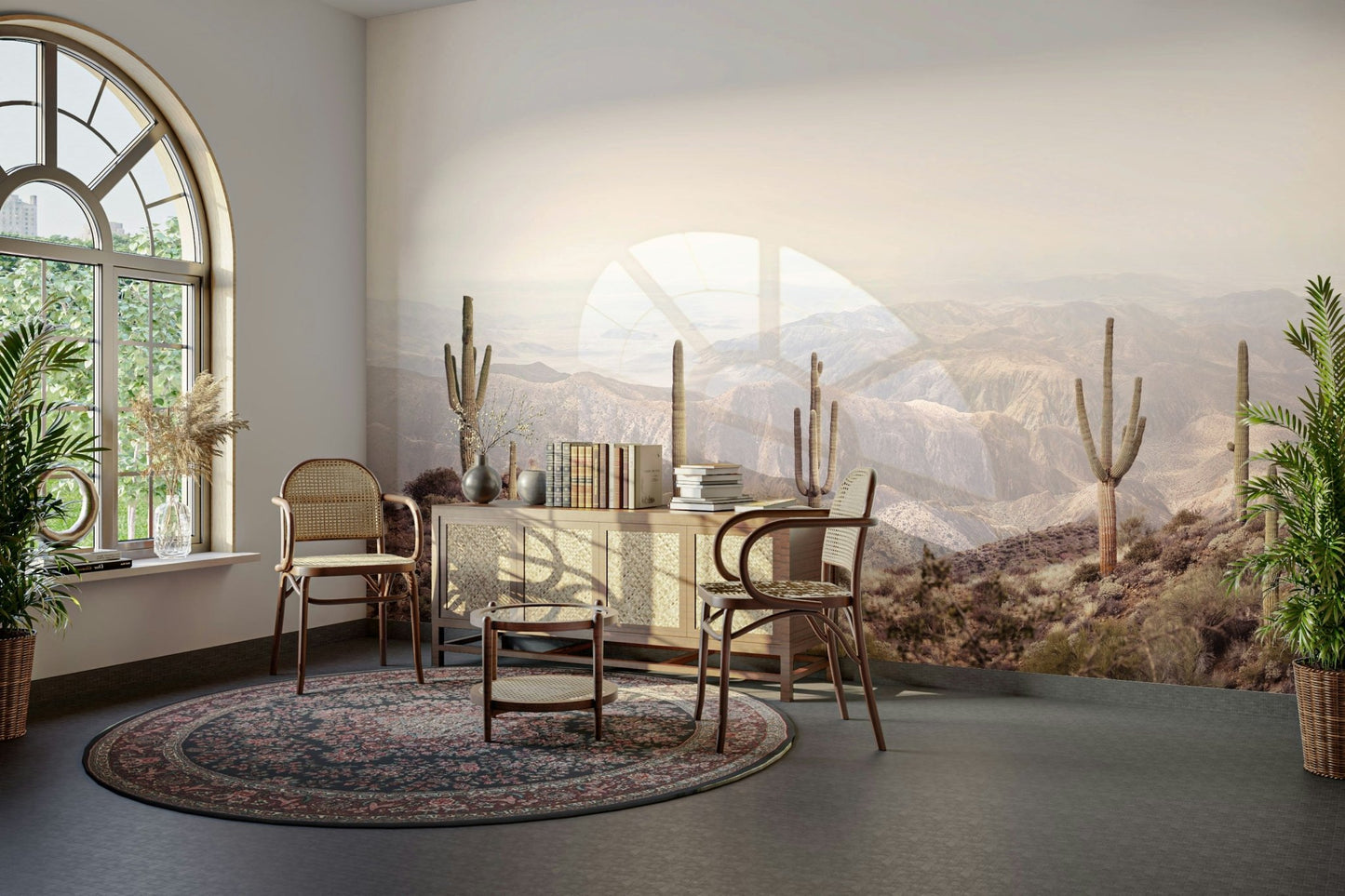 Tranquil desert landscape mural featuring warm earth tones and serene sky.

