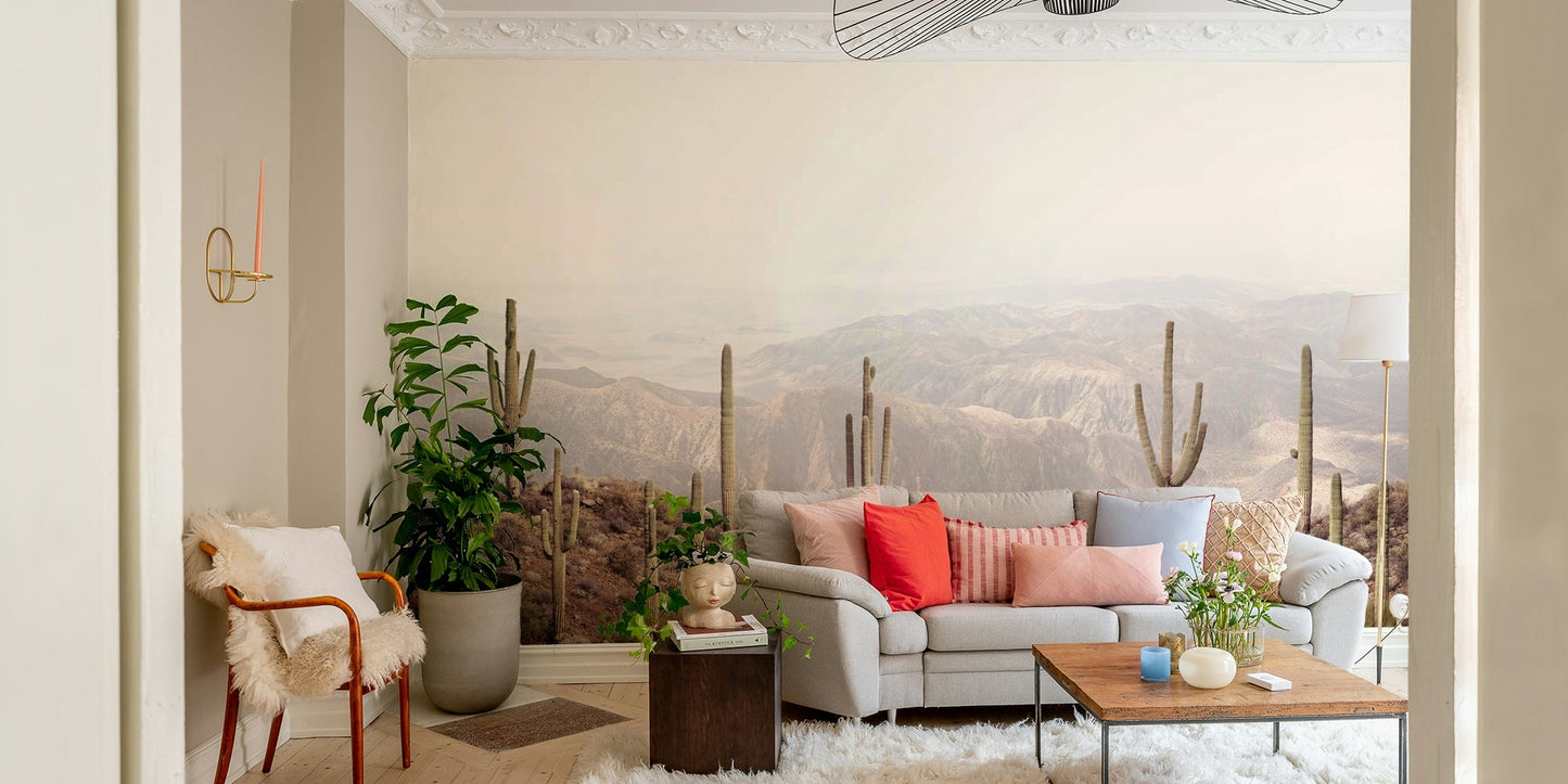 Serene desert vista mural with golden sands stretching into the horizon.


