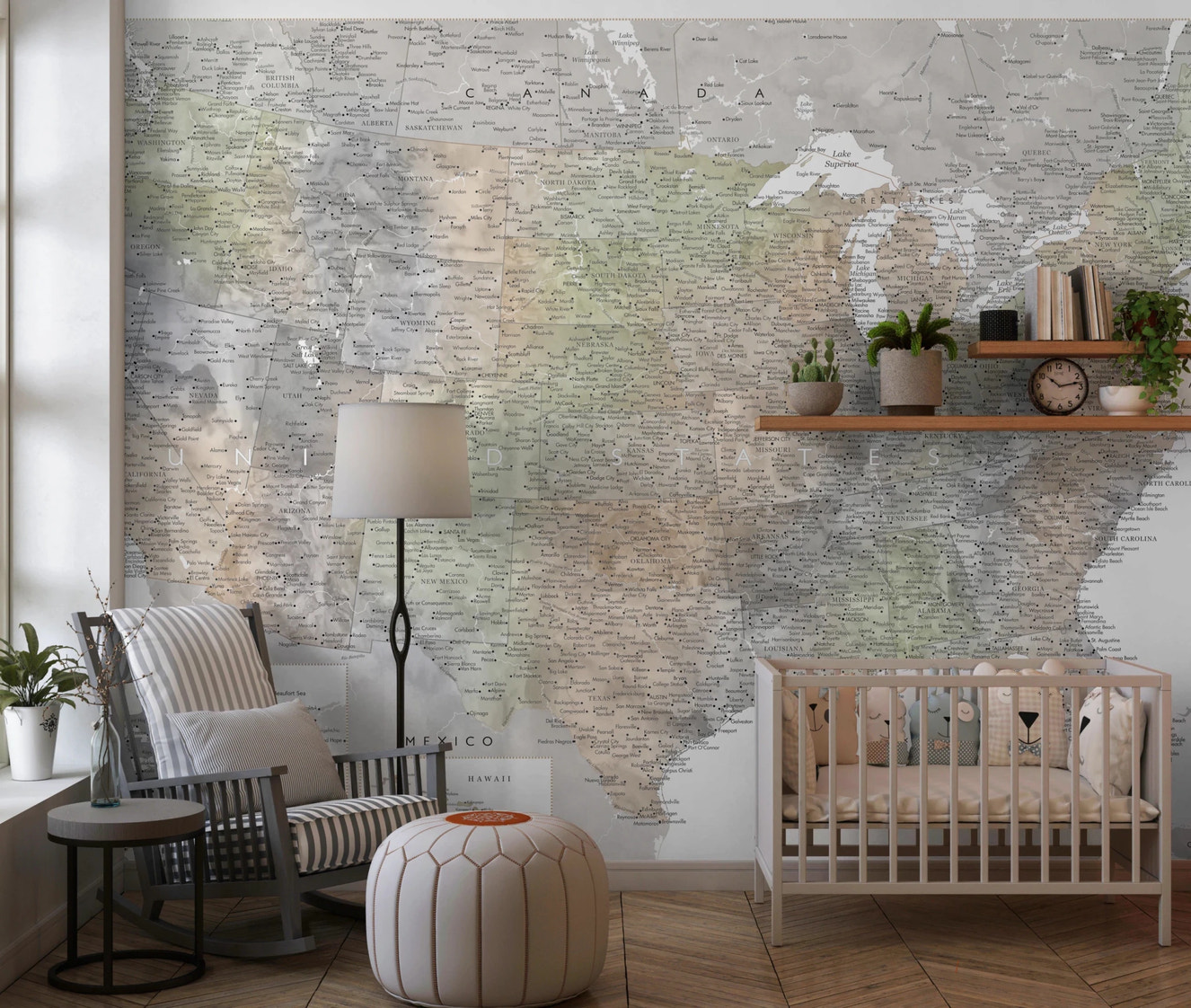 Detailed map of the USA with cities in muted watercolor, HABIKI Wall Mural
