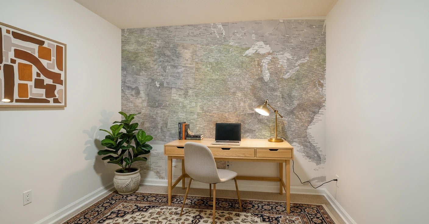 Detailed map of the USA with cities in muted watercolor, HABIKI Wall Mural