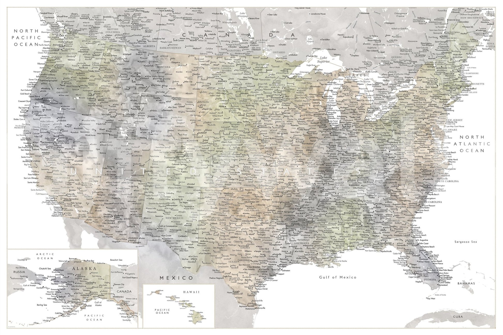 Detailed map of the USA with cities in muted watercolor, HABIKI Wall Mural