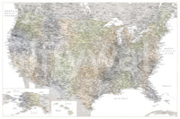 Detailed map of the USA with cities in muted watercolor, HABIKI Wall Mural