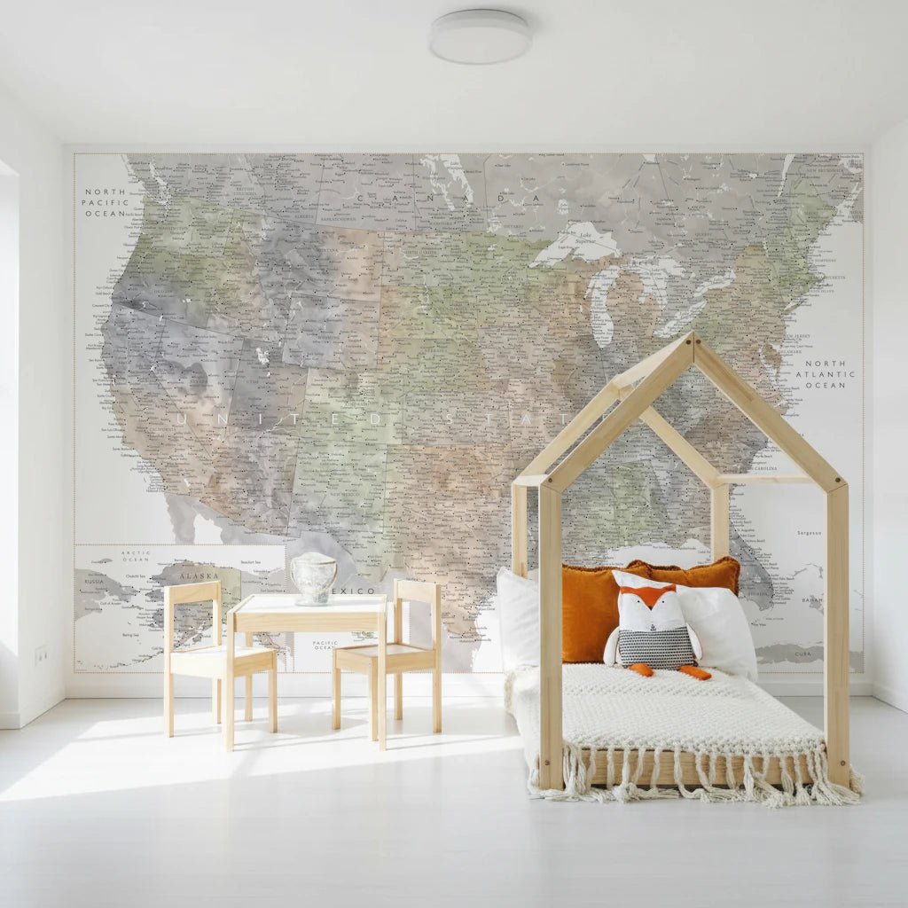 Detailed map of the USA with cities in muted watercolor, HABIKI Wall Mural