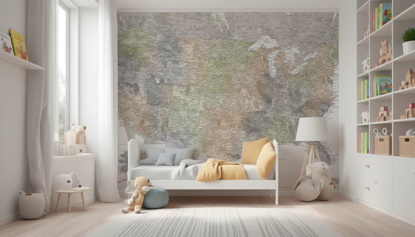 Detailed map of the USA with cities in muted watercolor, HABIKI Wall Mural