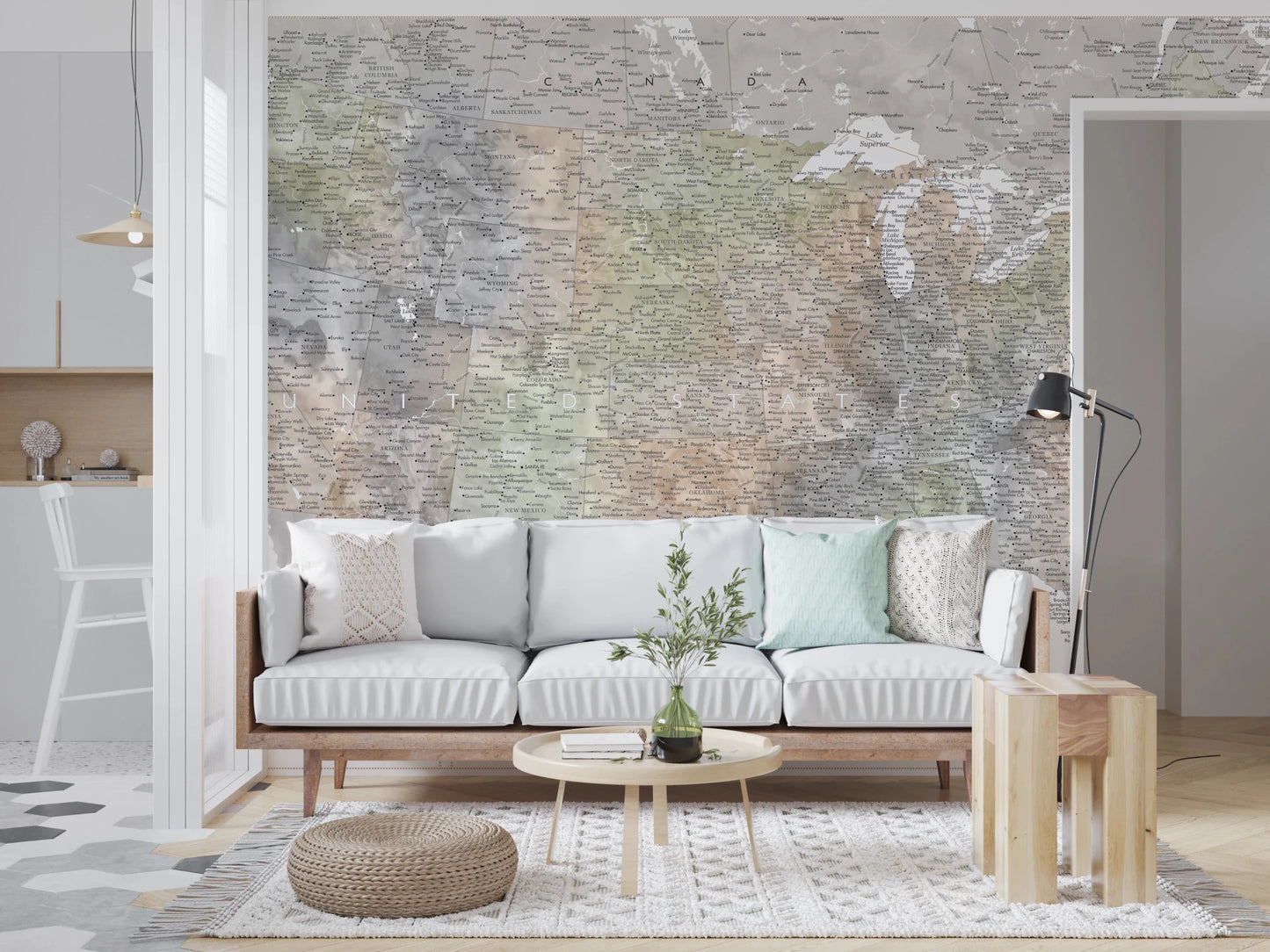 Detailed map of the USA with cities in muted watercolor, HABIKI Wall Mural