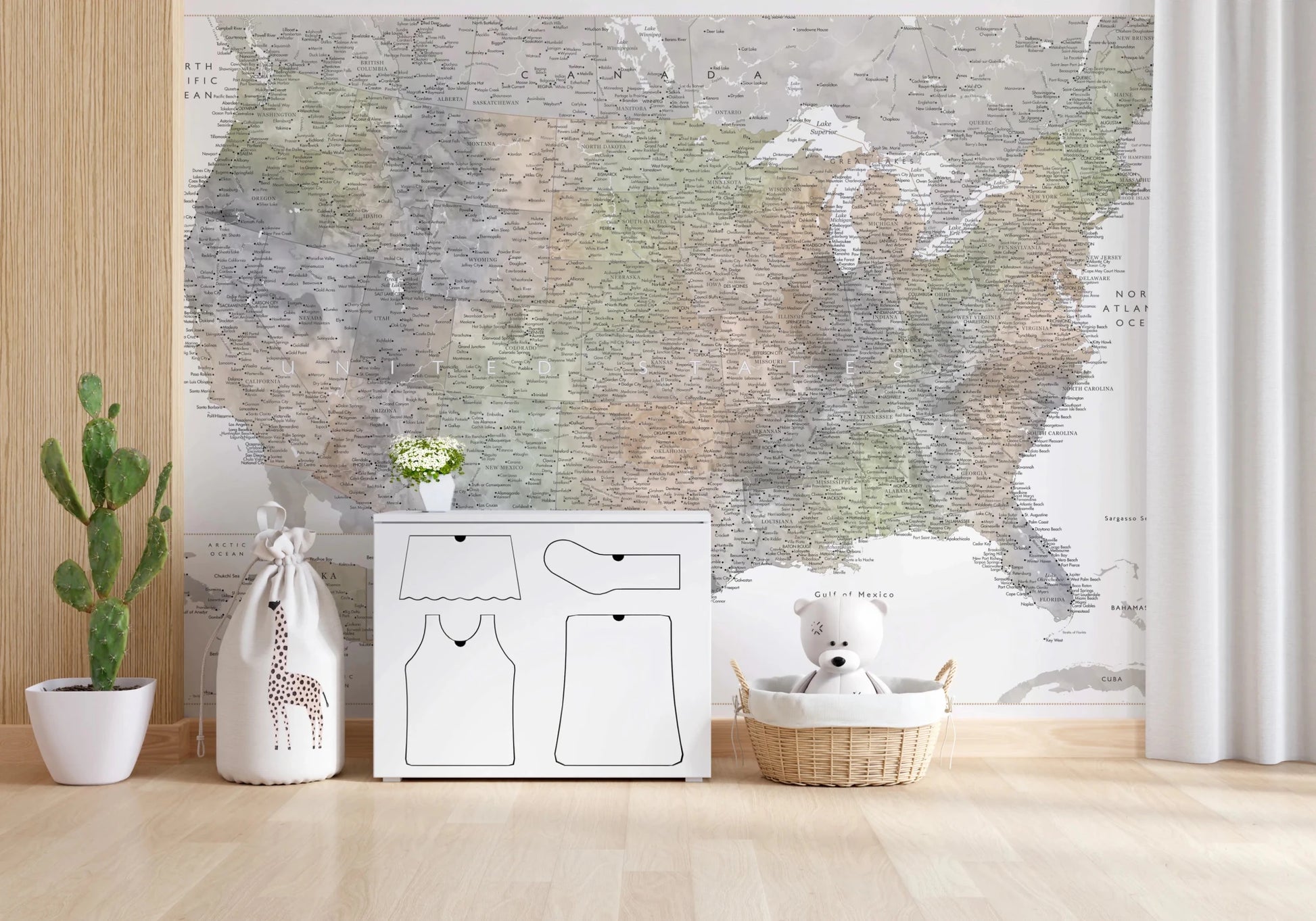 Detailed map of the USA with cities in muted watercolor, HABIKI Wall Mural