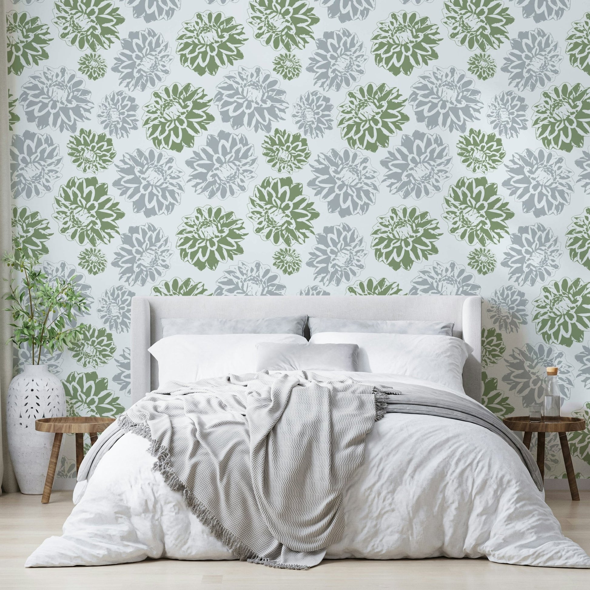 Wallpaper with a pattern of large dhalias flowers.


